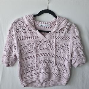 ZARA Patel Pink Pointelle Knit Sweater Top Cottagecore Crochet Boho Shabby Crop